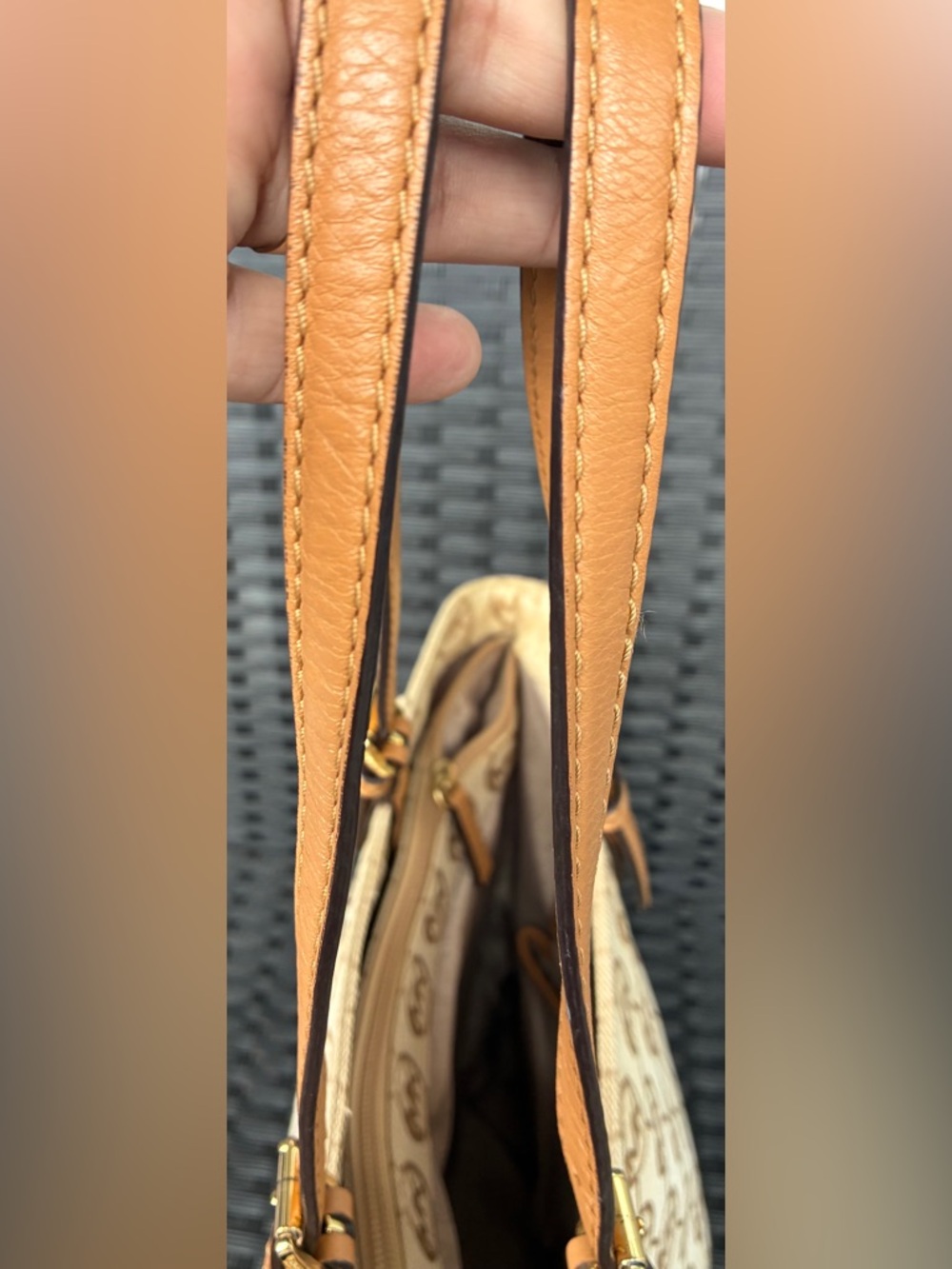 Michael Kors Tan Beige MK Logo Canvas Tote with Leather Straps - Picture 15 of 16